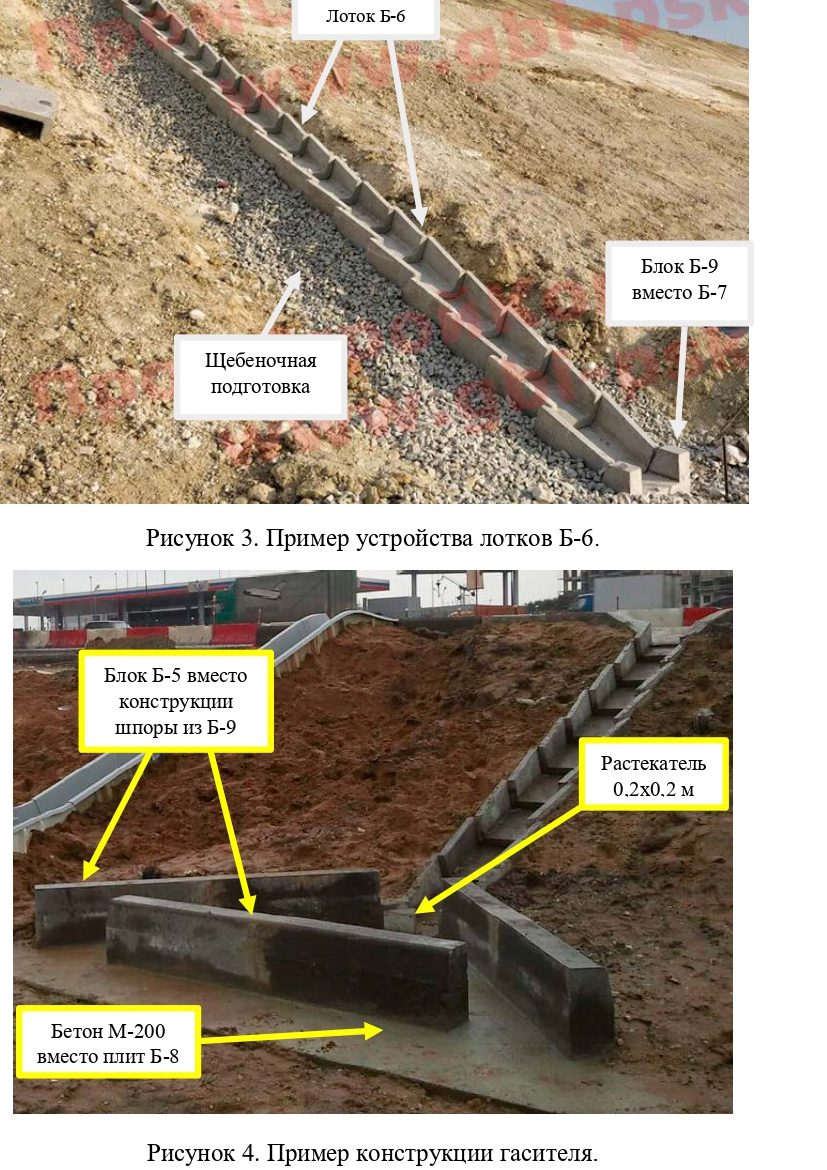 Пример монтажа телескопических лотков и гасителя у подошвы насыпи автомобильной дороги.